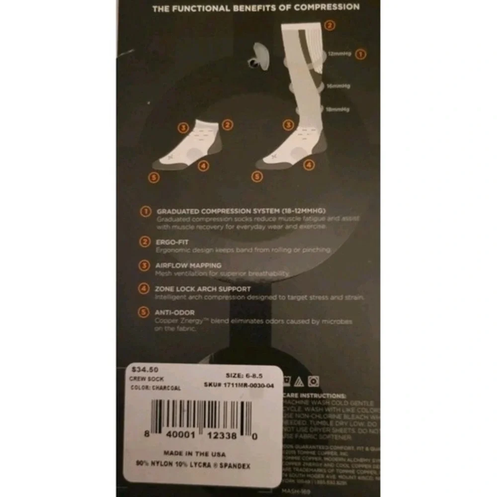 NWT Tommie Copper Men's Athletic Compression Crew Sock Gray MSRP $34.50 Sz 6-8.5